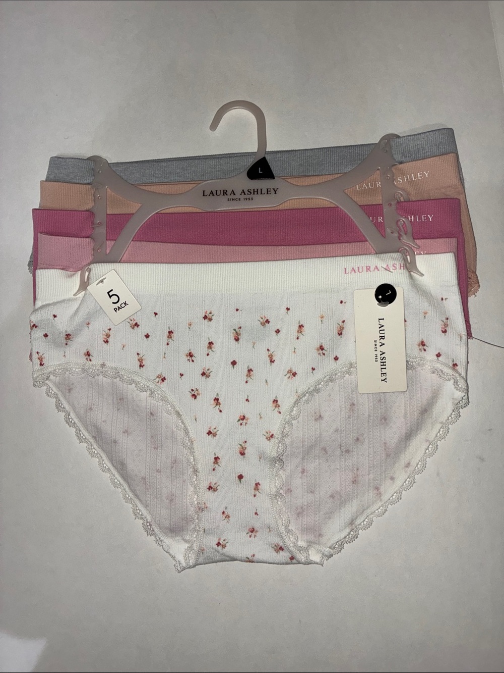 Laura Ashley  L  5-Pack Bikini Undies in White, Pink, Gray, Peach, Rose